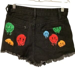 SHEIN Black Denim High Waisted Shorts with Colorful Smiley Faces BRAND NEW